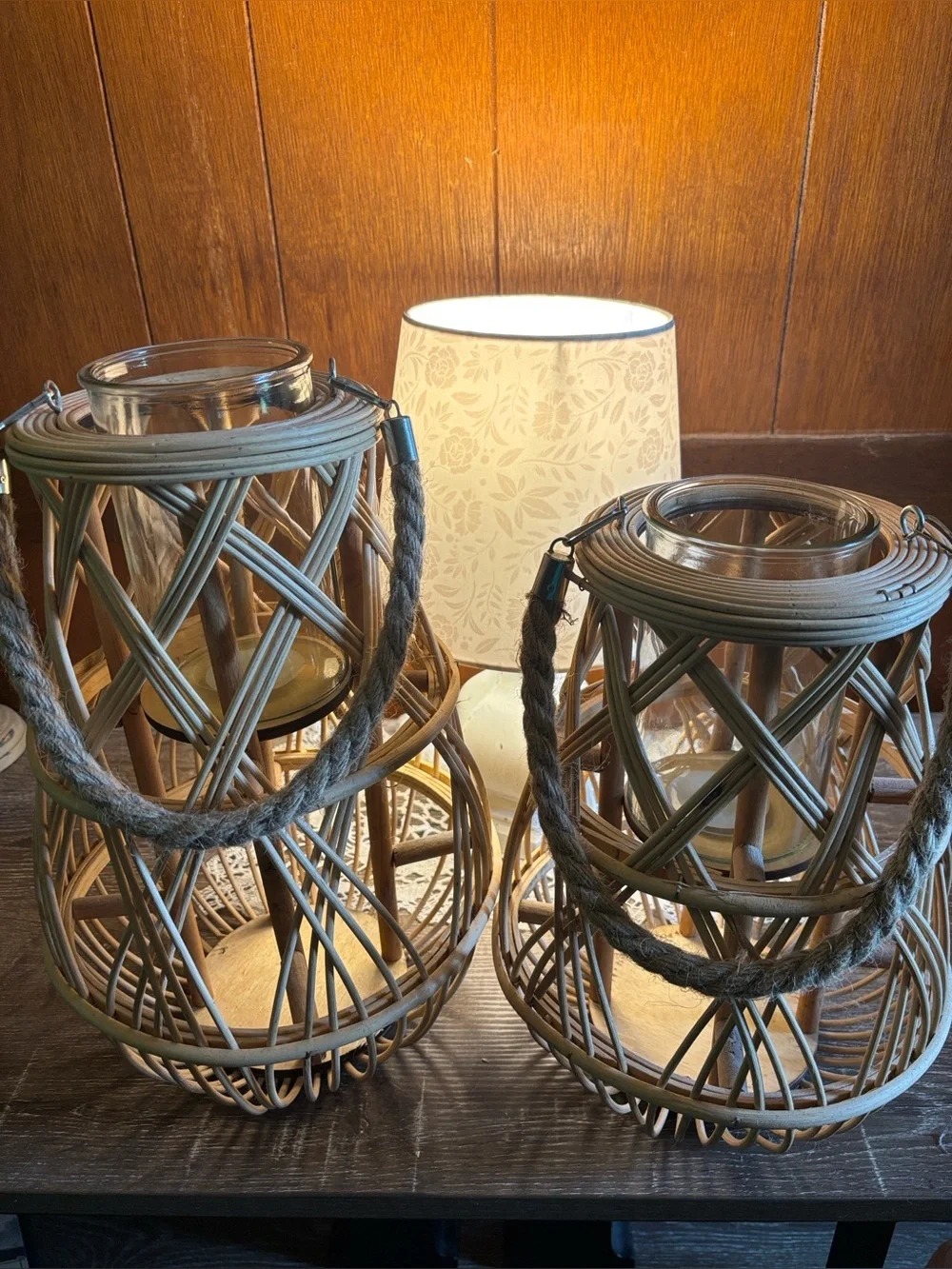 Boho - modern farmhouse - coastal Sienna Tonga bamboo woven hurricane lanterns